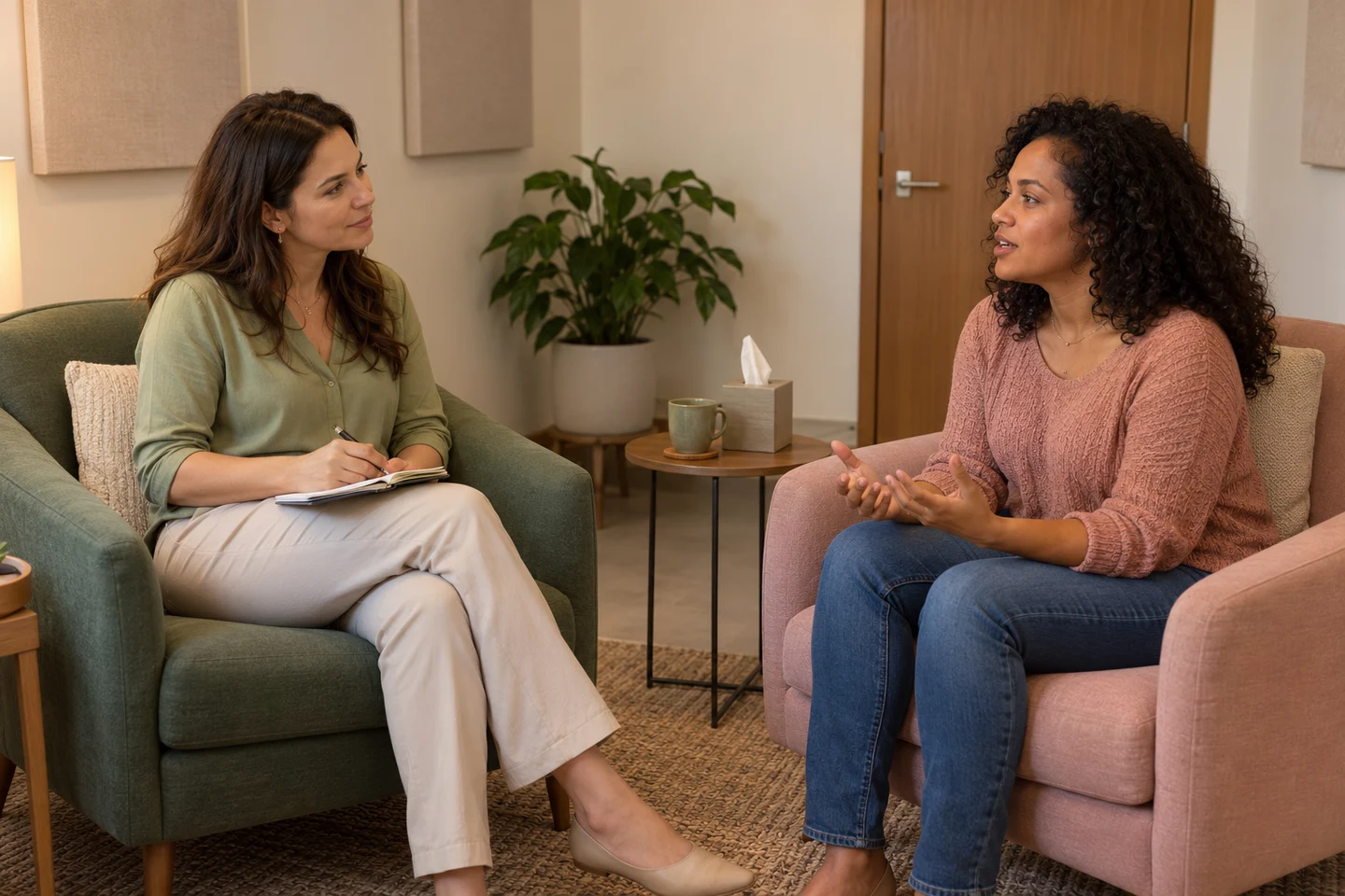Imagem ilustrativa de duas mulheres conversando em um consultório acolhedor.