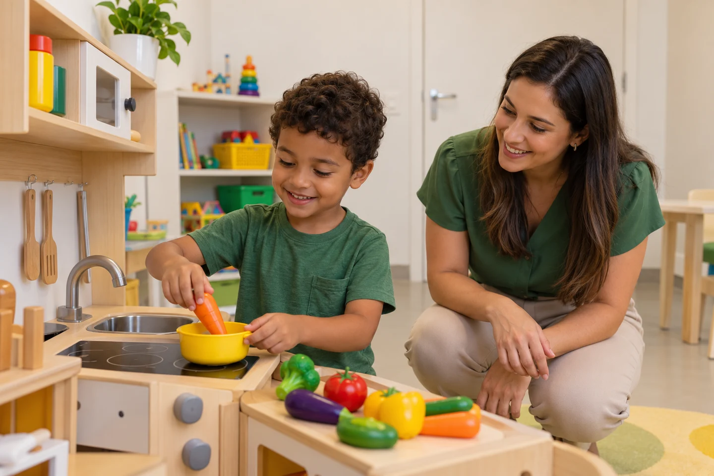 Criança brincando com alimentos em uma cozinha de brinquedo durante atividade terapêutica.