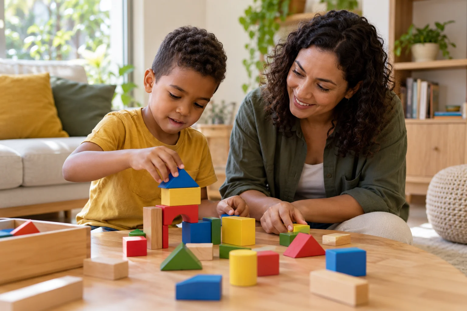 Criança construindo com blocos coloridos, acompanhada por uma adulta.